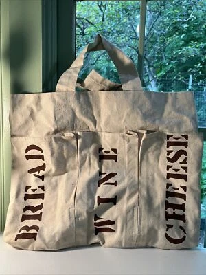 Bolsa tote estilo estopa “PÃO, VINHO, QUEIJO” 18x15” bolsa de piquenique/praia bege - Imagem 1 de 4