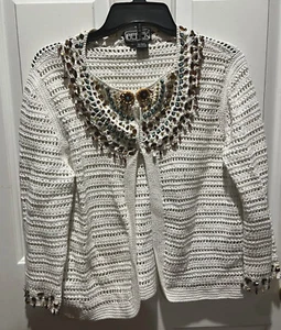 Vtg Berek 2 Takako Sakon White Crochet Cardigan Sweater Stones Beads Jewels sz L - Picture 1 of 11