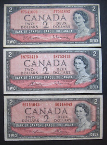 1954,  Lot of 3 x $2 Dollars,  Canadian Banknote,   Different Signatures