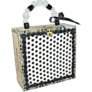 Jet Crystal Rhinestone Black White Polka Dot Wood Cigar Box Purse Beaded Handle - Picture 1 of 11