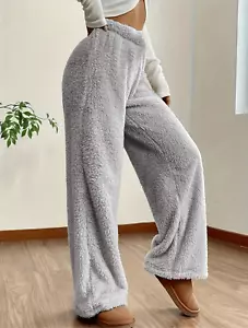 NWT Gorgeous XL Cozy Fluffy Grey Sherpa Wide Leg Elastic Waist Soft Teddy Pants - Picture 1 of 12