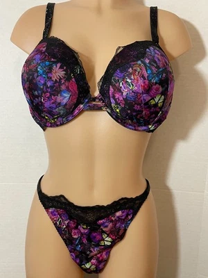 38DD/XL VICTORIA'S SECRET SHINE STRAP PADDED Bra Thong Panty Set Moody Lace - Image 1 of 4