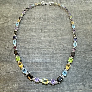 Amazing Sterling Silver 45 Multi-Color Gemstone Tennis Chain Necklace 17-1/4 925 - Picture 1 of 12