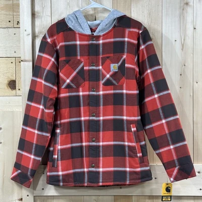 Chaqueta Carhartt Juvenil XL 18/20 Roja Negra Lava Franela a Cuadros Con Capucha Forrada Sherpa Foto 1 de 4