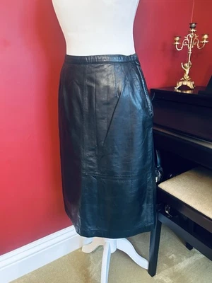Falda de cuero midi de colección Oleg Cassini línea A hasta la pantorrilla uk8 bolsillos forrados negros Foto 1 de 4
