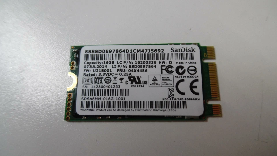 Genuine SanDisk 16GB M.2 SSD Drive SSD0E97864 FRU: 04X4456 - Tested - Image 1 of 2
