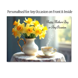 Personalised Daffodils, Coffee or Tea Mothers Day, Birthday etc Card + Insert A5 - Picture 1 of 2