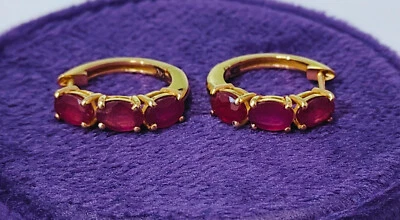 3.50 Ct Ruby Huggie Hoop Earrings Prong 14k Solid Yellow Gold - Image 1 of 4