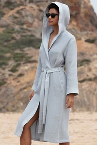 SEYANTE Women's Turkish Cotton Hooded Waffle Bathrobe, Lightweight, Long - Picture 1 of 41