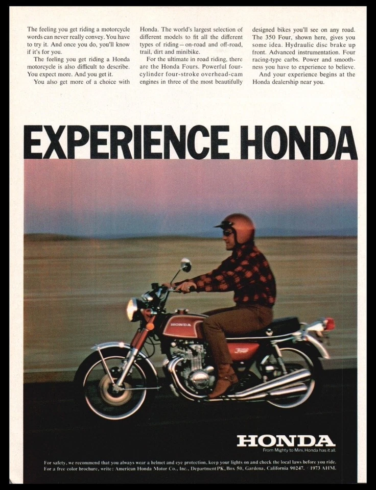 Honda 350 1973 4 cilindros - motocicleta roja vintage original anuncio impreso cueva del hombre, garaje Foto 1 de 1