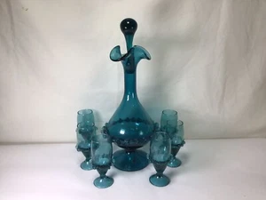 RR44 Italian Blue Art Glass 1 Decanter and Set of 7 Wine Glass Very Beautiful - Picture 1 of 7