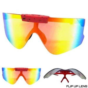 OVERSIZED Retro SPORTY WRAP AROUND Cycling Shield SUN GLASSES Gold Flip Up Lens - Picture 1 of 7