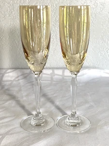 Crystal Blown Glass Gold Amber Champagne Glasses Flutes Set Of 2 - Picture 1 of 7