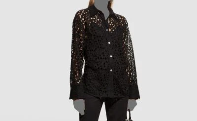 Camisa Top Vince Para Mujer Negra Algodón Encaje Cuello Abotonada Talla S $425 Foto 1 de 4