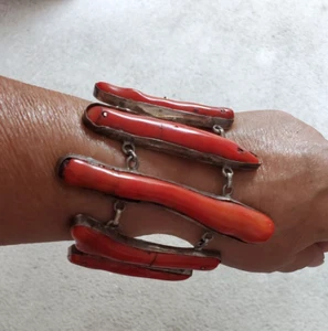 Vintage Statement Piece Sterling Silver & Coral Bracelet 7-8" - Picture 1 of 3