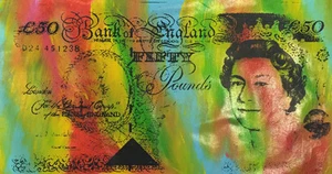 English 50 Pound Note Queen Elizabeth by Steve Kaufman SAK 2/50 18x40Painting - Picture 1 of 2