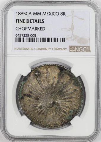 NGC F Det. 1885-Ca MM Mexico 8 Reales Chopmarked Chihuahua Silver Coin Cover