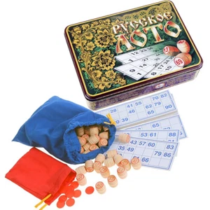 Русское лото russisches Lotto in Metallbox - Holzfässer Bingo Spielkarten Set - Bild 1 von 9