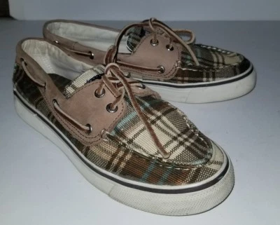 Sperry Top sider brown flannel fabric leather plaid boat shoes loafers. 6 - Image 1 of 4
