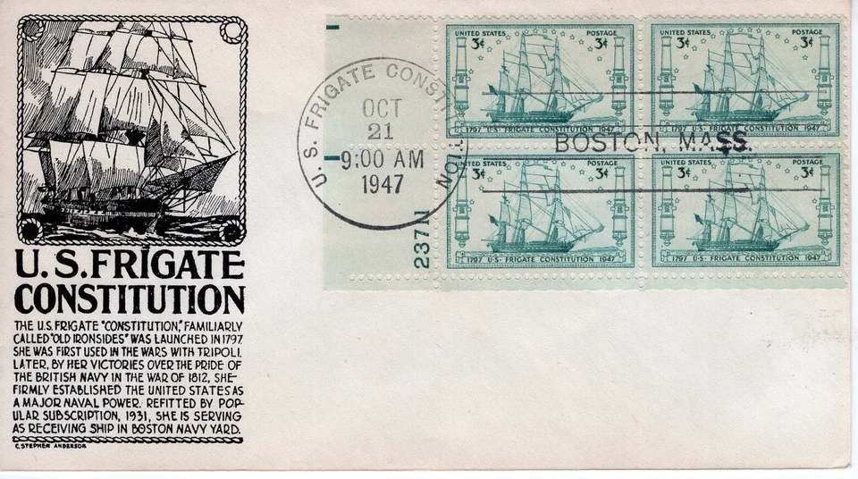 USPS #951 1947 USS Constitution 150th Anderson Cachet FDC Blk of 4 ST3556 - Image 1 of 3