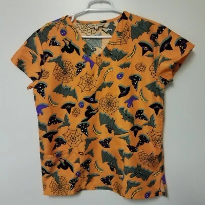 Gabby Brooke Halloween Bats Spiderweb Witches Hat Scrub Top Women size S Orange - Image 1 of 4