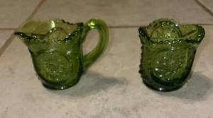 Vintage L E Smith Glas grün RINGE STERN Mini Zucker & Milchkännchen Set Sägezahn Rand - Bild 1 von 14