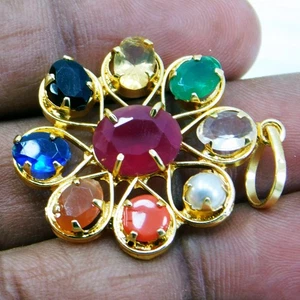 Navratna Gemstone Pendant – 9 Planet Healing Stones Handmade Gold Plated Jewelry - Picture 1 of 7