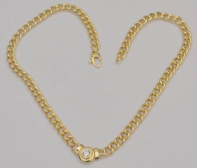 14K Yellow Gold Hollow Link Necklace 14.75” Bezel Diamond Center Choker C6 - Image 1 of 4