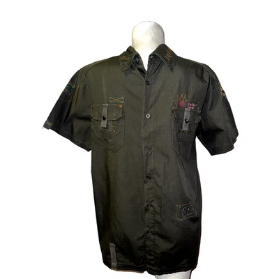 TWICE Top Men's Size L Army Green Cotton Embellished Short Sleeve Casual Shirt - Image 1 of 4