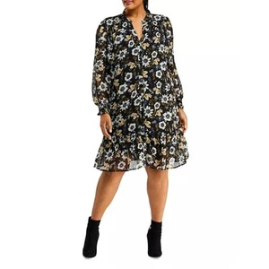 Estelle Delfina Floral Long Sleeve Chiffon Shirtdress In Black, Size 3X, EUC - Picture 1 of 11