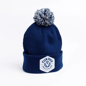 Furphy Pom Pom Beanie Solid Blue Knit Cap One Size Beer Logo Cuffed Winter Hat - Picture 1 of 9