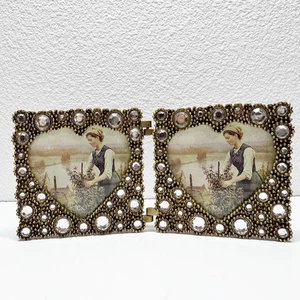 Cornice portafoto pieghevole doppio cuore ottone metallo gioiello ornato - Foto 1 di 7