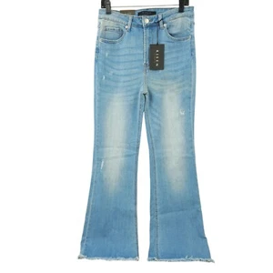 Risen Jeans High Rise Fray Hem Flare Distressed Sz 30/11 Light Wash Stretchy NEW - Picture 1 of 12