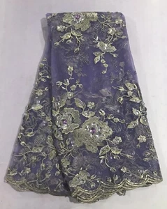 Lilac Gold Silver Embroidery Rhinestone Lace Fabric 50” Width Sold By The Yard - Picture 1 of 8