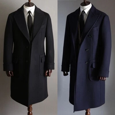 Men Long Overcoats Tweed Wool Blend Jacket Single Breasted Coats Formal Outwear - Image 1 of 4
