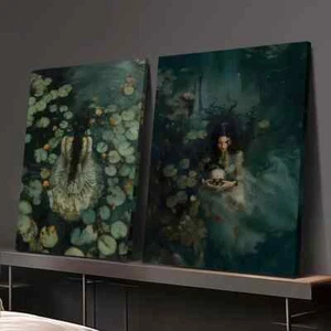 Lienzo arte de pared estético oscuro elegante lago victoriano gótico sin marco 2 piezas - Imagen 1 de 7