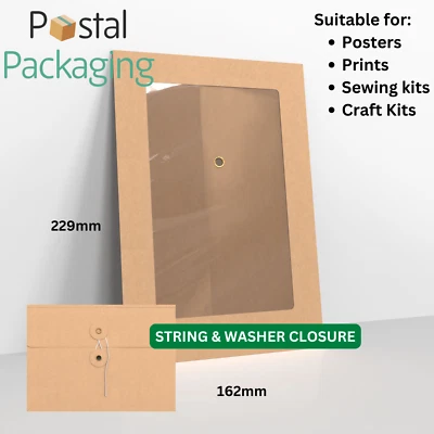 C5 Manilla Brown String & Washer Gusset Full View Window Envelopes Button Tie - Image 1 of 4