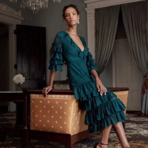 Abito SAYLOR Millie in pizzo smeraldo a strati con volant midi taglia small - Foto 1 di 12