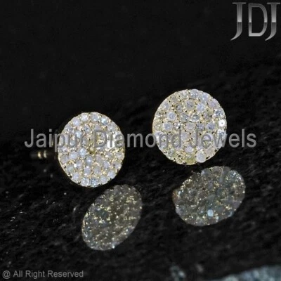 Genuine White Diamond Solid 14k Yellow Gold Jewelry Round Disc Stud Gift Earring - Image 1 of 4