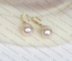 Natürliche Ohrhänger 11 mm tropfenrosa-lila FW Perlenohrringe 14 Kt massiv Gold Haken K926 - Bild 1 von 3