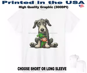 DigiPups Irish Wolfhound Dog Leprechaun Friend Hug Cartoon Graphic T Shirt - Picture 1 of 6