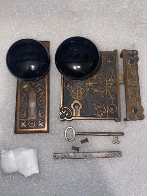 Antique New Stock Shapleigh Hardware Rim Lock with Ceramic Black Knobs and Key - Image 1 of 4