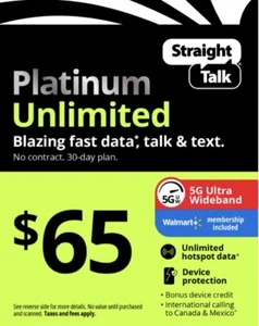Carte de recharge illimitée Straight Talk Rob 65 platine recharge 30 jours MAINTENANT - Photo 1/2