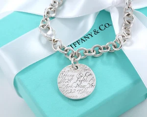 8.2" Tiffany & Co Silver NY Round Wavy Address Notes Tag Charm Chain Bracelet XL - Picture 1 of 6
