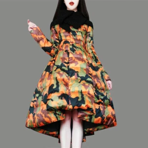 Womens Duck Down Jacket Asymmetric Big Lower Hem Mid Long Coats Camouflage Print - Picture 1 of 16
