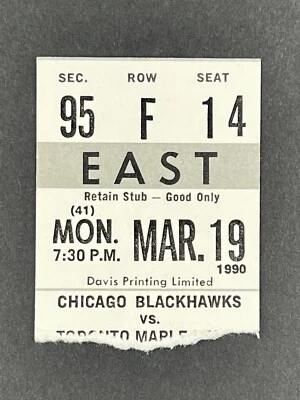 3-19-1990 Chicago Blackhawks @ Toronto Maple Leafs NHL Hockey Ticket - Image 1 of 2