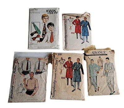 5 Men's Vintage Sewing Pattern Lot Robe Ties Pajamas Kwik Sew Advance Simplicity - Image 1 of 4