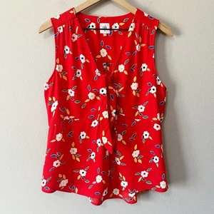 CAbi #5734 Heart Tied-Up Top Red Floral Print Tie Front V-Neck Size Medium - Picture 1 of 12