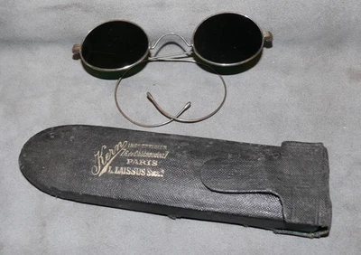 ancienne paire lunette solaire ronde en acier  19ème et étui en cuir noir - Photo 1/4