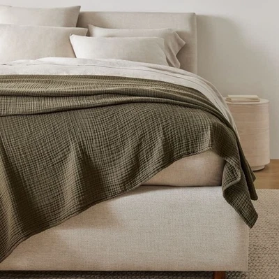 West elm Dreamy Gauze Cotton Blanket, King, Dark Olive - Image 1 of 2